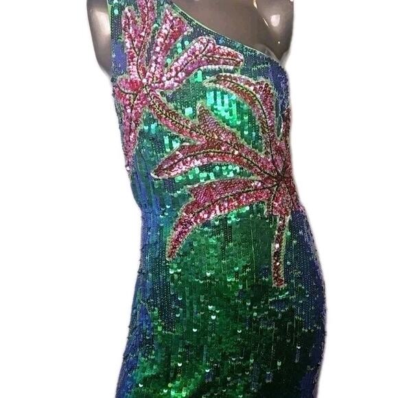 Nasty Gal Sequin Mini Dress 12 Green Pink One Shoulder Party Cocktail Club NWT - Picture 1 of 16
